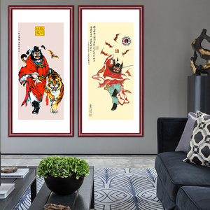 钟馗引福门神画像玄关实木装框挂画书房人物壁画客厅背景墙装饰画