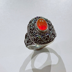 方元老细金手工花丝镶嵌天然南红玛瑙纯银戒指复古简约女生礼物