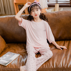 女童睡衣夏棉绸长裤短袖中大童十岁女孩夏天两件套家居服母女薄款