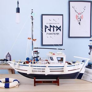 地中海风格仿真豪华渔船模型摆件实木工艺船帆船模型商务客厅简约