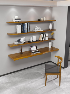 实木悬空书桌壁挂靠墙电脑桌挂墙原木书架一字隔板上墙原木异形