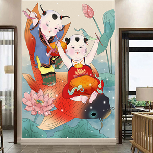 招财童子锦鲤鱼自粘壁画福娃挂画喜庆娃娃婚房装饰画年画竖版定制
