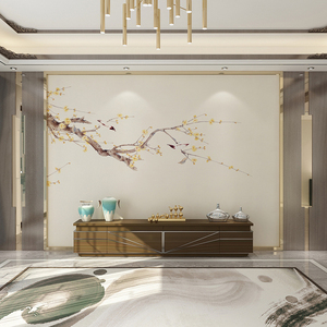 中式素雅花鸟墙布电视背景墙纸卧室客厅沙发酒店民宿无缝定制壁纸