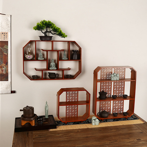 博古架实木镂空新中式挂壁式多宝阁桌面置物架茶壶茶具收纳展示架