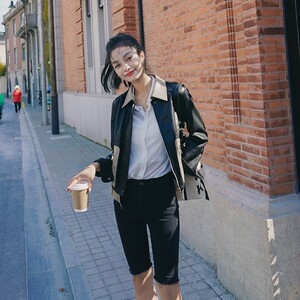 海上繁花杜晓苏李沁同款撞色皮夹克外套女悠悠服饰