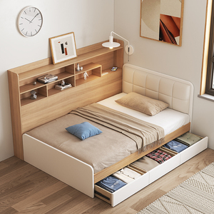 单人床1.2米小床收纳储物边柜带书架床北欧箱体床儿童卧室小户型