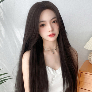 假发女自然长发黑长直中分全头套式甜美长直发假头发隐形蕾丝手织