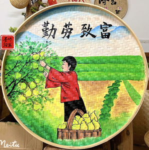 0038人付款淘宝二十四节气竹编手绘簸箕画成品农家乐墙面装饰画复古