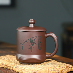 紫砂盖杯竹朱泥