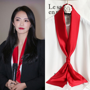 中国红丝巾女小长条大红色细窄搭西装衬衫装饰领巾绑包包长款围巾