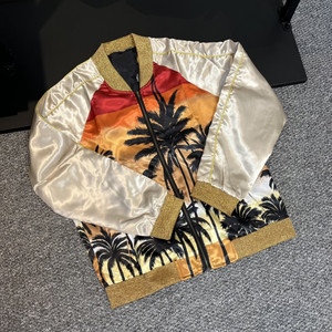 slp椰树夹克棒球服椰子树夕阳绸缎拉链外套高街帝男女情侣秋季