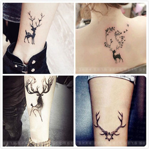 鹿纹身贴防水图案ins鹿角弥鹿持久性感女脚踝手臂 小清新纹身贴纸