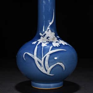 【五湖】清乾隆祭蓝釉堆雕兰花纹瓶210626  古玩古董瓷器老货旧