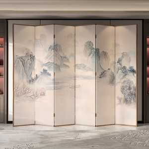 新中式实木屏风隔断玄关客厅茶室酒店办公室遮挡装饰山水画折叠