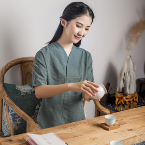 复古中式上衣汉服茶服女装棉麻中国风茶人服茶艺服禅意文艺女夏季