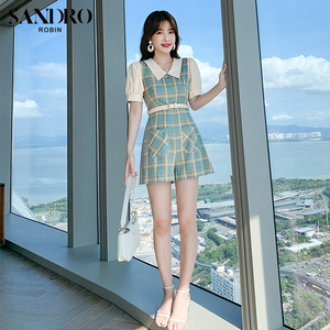 sandro robin法式复古格纹连体裤女夏名媛范气质时髦穿搭阔腿短裤