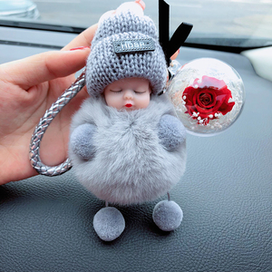 汽车钥匙扣女精致网红韩国可爱娃娃毛绒永生花包包挂件公仔钥匙链