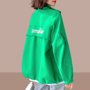绿色女士短外套春秋款欧洲站2024新款大码女装休闲时尚棒球服潮