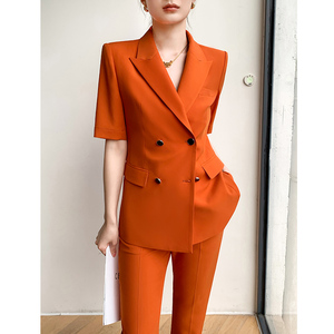 橙色夏季西装套装女薄款短袖高级感小个子职业九分裤休闲西服外套