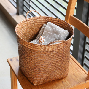草编收纳篮杂物玩具收纳筐 手工编织手提储物篮子 北欧简约花盘套