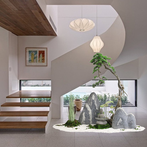 新中式楼梯下造景玄关仿真实木崖柏假树松针树迎客松盆景落地绿植