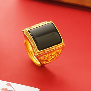 老凤祥黄金999戒指男款大气镶黑曜石开口2022新款18k金男戒玉石