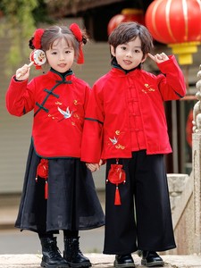 童泰儿童唐装男女童汉服演出服中国风红色喜庆宝宝拜年服冬季加绒
