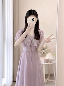 紫色连衣裙女夏季法式甜美温柔风淑女气质小个子仙气绝美v领长裙