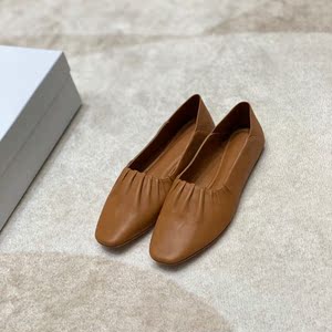 真皮奶奶鞋女2021新款夏季褶皱方头浅口软皮孕妇平底鞋一脚蹬单鞋