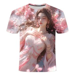 2023夏季新款 3D印花短袖 潮流时尚甜美樱花少女 男女款圆领T恤衫