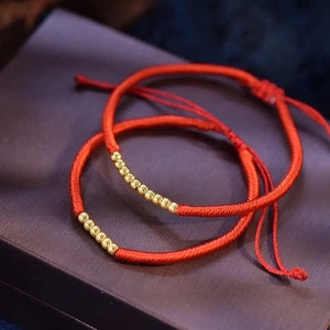 鸳鸯金楼999足金可调节手绳六六大顺十全十美diy编织转运金珠手链