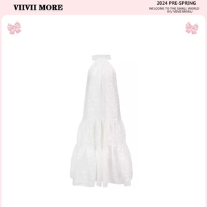 VIIVII MORE 张碧晨同款连衣裙夏新款法式高级感挂脖白色仙女长裙