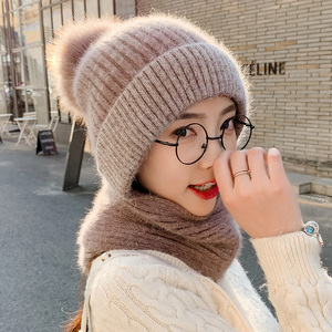 日系帽子女士围巾套装冬季新款韩版保暖纯色针织加绒加厚毛线帽冬