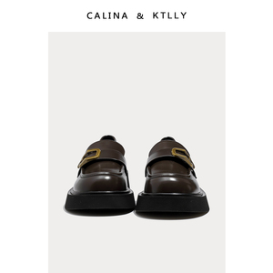 CALINA&KTLLY乐福鞋女2023秋冬新款平底棕色英伦风小皮鞋黑色单鞋