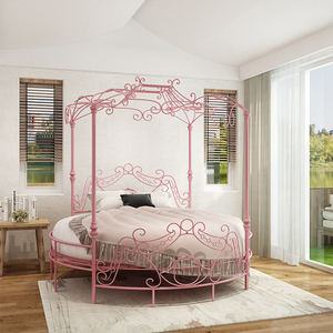 粉色公主床圆床欧式铁艺女孩大铁架床双人儿童少女网红床架