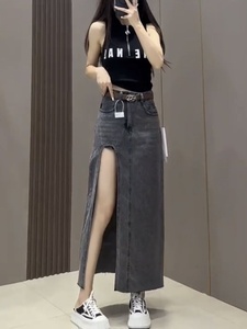 辣妹侧开叉牛仔半身裙女2024夏季新款韩版设计感气质包臀中长裙子
