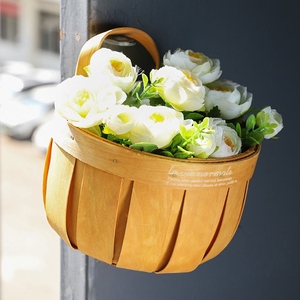 木片编复古壁挂篮 手工编织小花篮 手提吊篮花店装饰篮子墙上挂篮