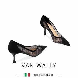 VAN WALLY新中式优雅性感女人味透气名媛黑色网纱性感高跟鞋