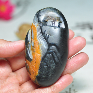 新疆和田玉墨玉青花籽料山水手把件玉石(拍前联系客服改价)