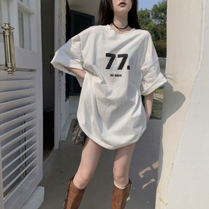 白色大版纯棉短袖t恤女夏季新款oversize大款美式中长款设计上衣
