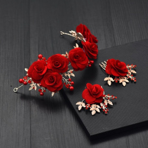 90年代新娘头花老式复古暗红发夹卡子配饰后脑勺手工花旗袍拍照