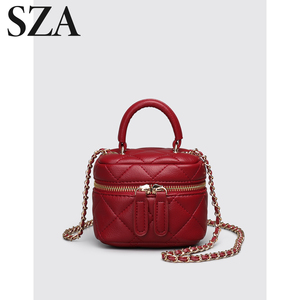 SZA手提盒子包女菱格链条斜挎包高级感红色小包包斜背包小方包