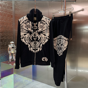 edhardy埃德哈迪 2021秋冬季厚款烫钻老虎头外套男女运动休闲套装