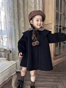巴­拉韩国童装2024秋冬季新款双面羊毛翻领呢大衣加厚毛呢外套