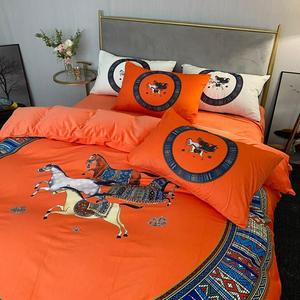 爱马仕官网欧式宫廷风爱马橙大牌宝宝绒四件套橘色牛奶绒床单法莱