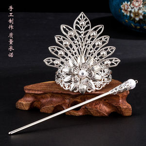 古装莲花束发发簪汉服发冠顶簪古代头饰女古风流苏步摇超仙头银冠