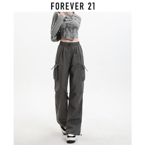 Forever 21灰色工装裤女2024春款女装高腰宽松休闲美式运动伞兵裤
