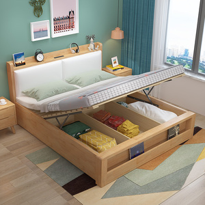 北欧实木床现代简约软包1.8米主卧带led暖灯双人床1.5米高箱收纳