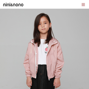 nininono衔缝拼接儿童防风防水上衣女童休闲长袖宽松尼龙连帽外套
