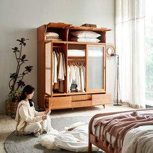 北欧日式实木衣柜卧室家用大容量储物柜推拉移门玻璃创意三门衣橱